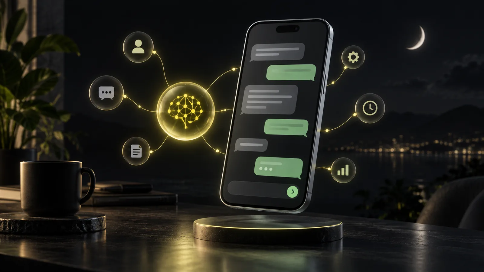 Celular con una conversación de WhatsApp atendida por un asistente de inteligencia artificial