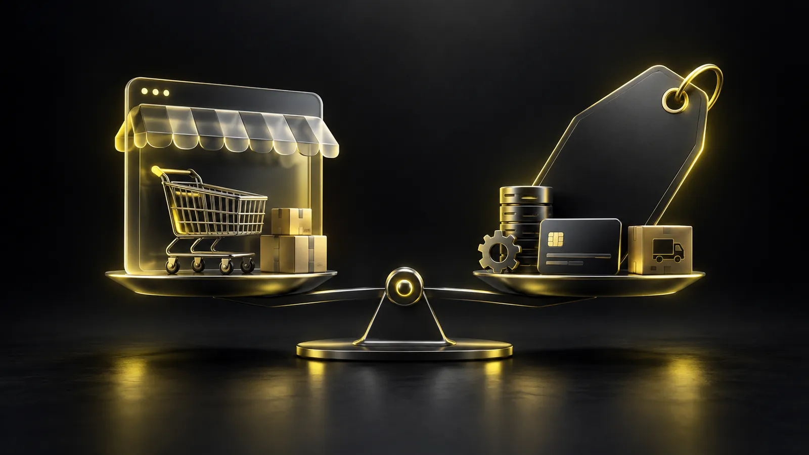 Tienda digital y carrito junto a una balanza que representa la comparación de costos