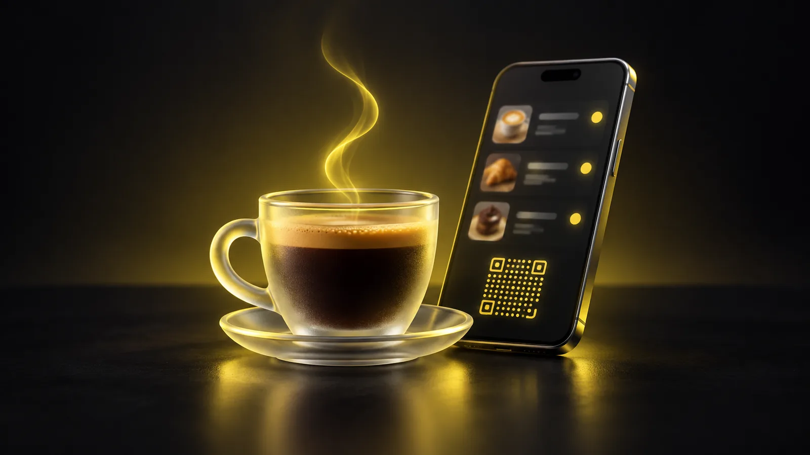 Taza de café de vidrio junto a un celular que muestra un menú digital con un código QR
